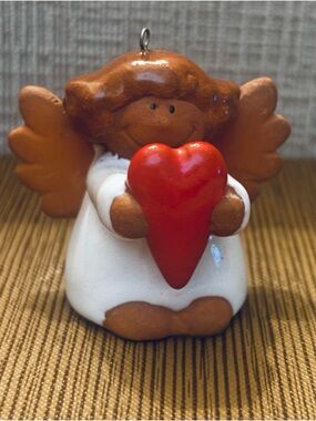 Vtg Handmade Cute Angel Ornament Holding Red Heart Glazed Clay, made in Germany
